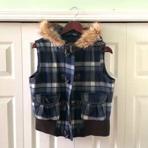 Plaid Faux Fur Hooded Vest
